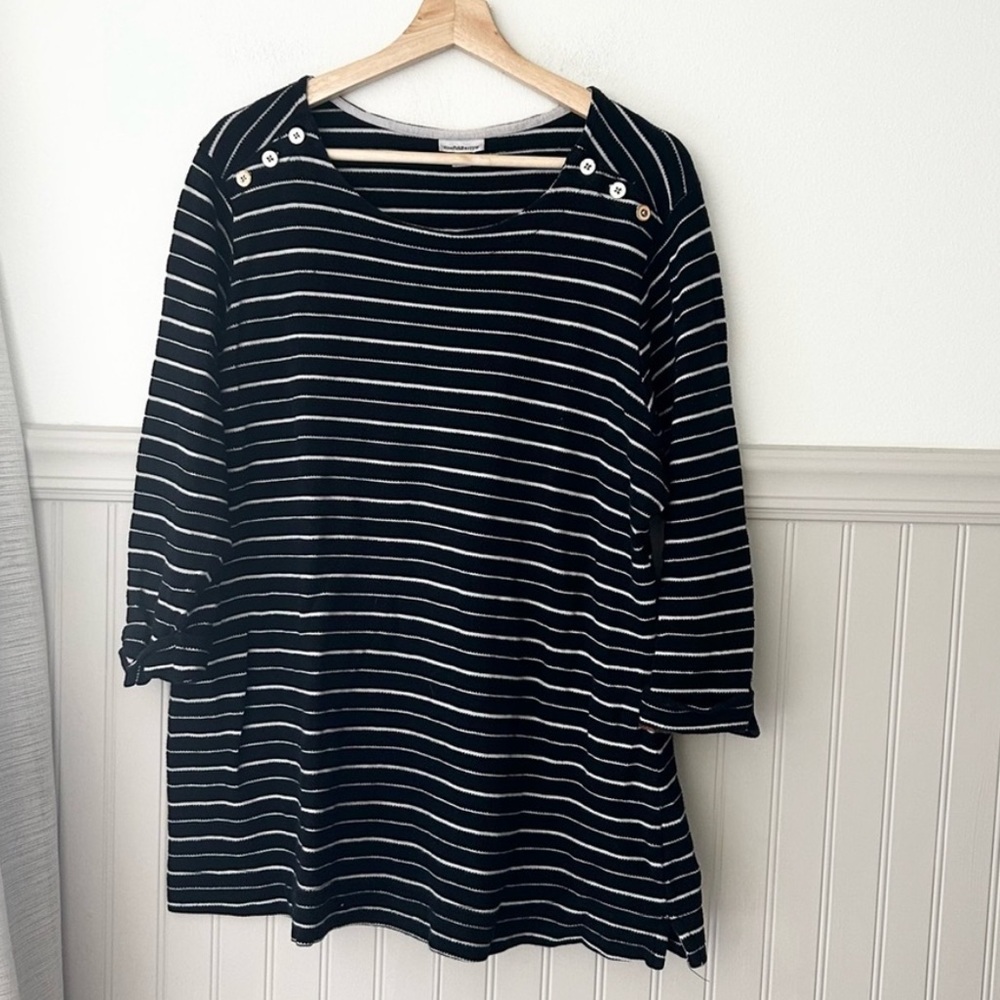 Croft & Barrow 2X Black White Striped 3/4 Sleeve Button Shoulder Tee